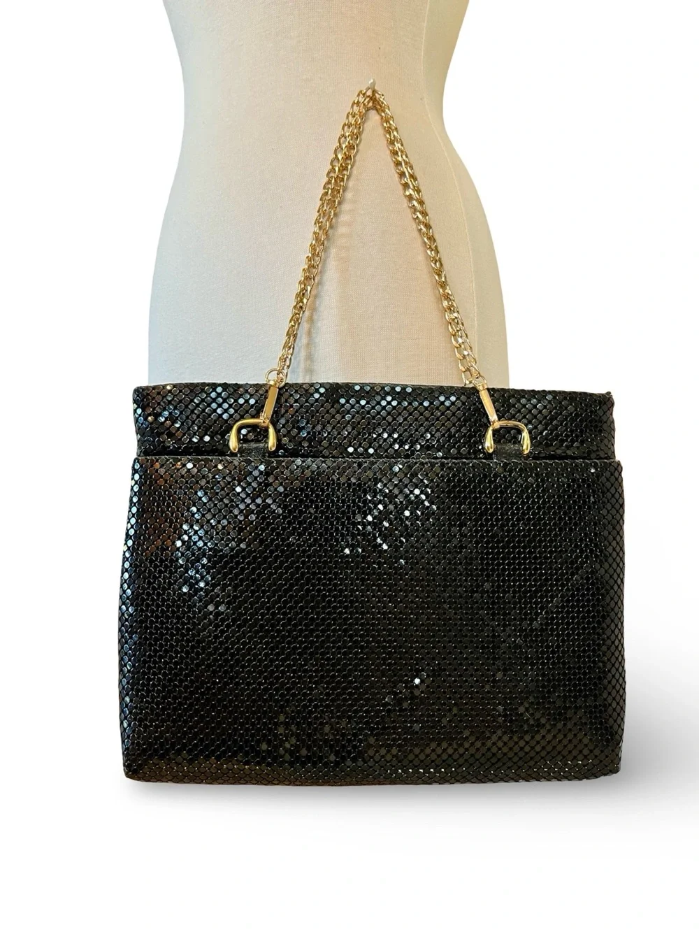 Vintage Black Metal Mesh Convertible Handbag Clutch Gold Chain